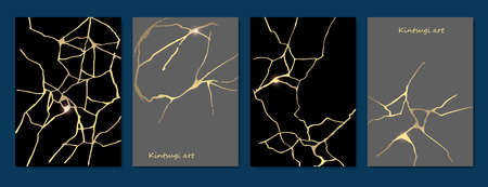 Kintsugi art style template. A4 design poster Abstract golden crack texture pattern on black backdrop. Japanese vintage traditional craft Gold craquelure grey background. Vector illustrationのイラスト素材