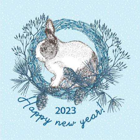 White rabbit with black spots around the eyes. Chinese New Year Symbol Hare. Seating bunny in christmas wreath. New year greeting card in bluecolor. Hand drawn Enaving sketch. Vectorのイラスト素材