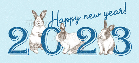 2023 year of hare holiday banner White rabbit with black spots around the eyes. Chinese New Year...