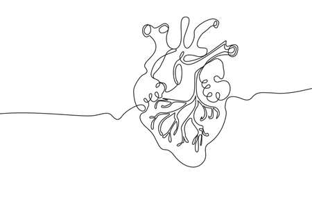 Heart Hand drawn icon continuous line drawing. Human organs Creative abstract art background Trendy concept One single line design. Outline simple image black and white color Vectorのイラスト素材