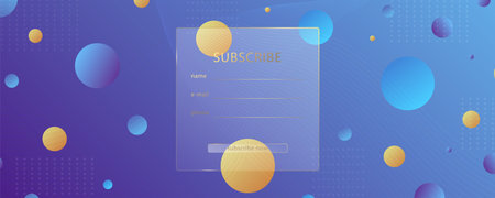 Glass morphism effect. Transparent frosted acrylic card. Subscription plan select. Yellow gradient circles on violet blue background. Realistic glassmorphism matteのイラスト素材