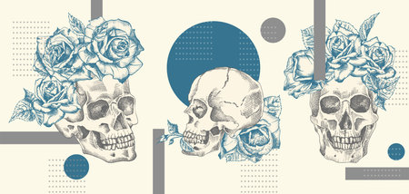 Collage vintage human skull with wreath flowers roses. Zine Culture style banner. Hipster barber shop concept. Tattoo, t-shirt design. Realistic hand drawn sketch. Skeleton head. Vectorのイラスト素材