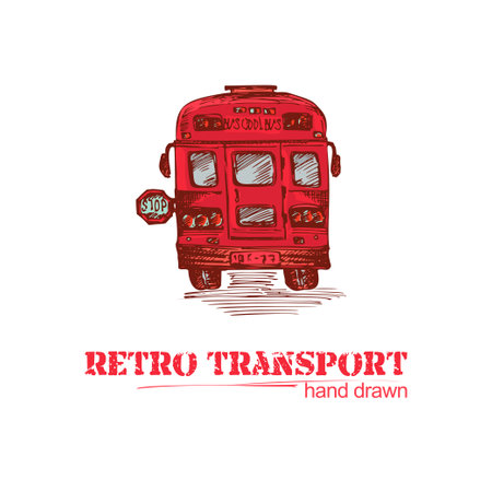Hand drawn red retro bus isolated on white background. Vintage truck in sketch style. Art design for poster, flayer, banner. Illustrationのイラスト素材
