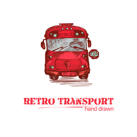 Hand drawn red retro bus isolated on white background. Vintage truck in sketch style. Art design for poster, flayer, banner. Illustrationのイラスト素材