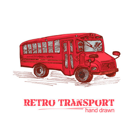 Hand drawn red retro bus isolated on white background. Vintage truck in sketch style. Art design for poster, flayer, banner. Illustrationのイラスト素材