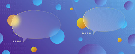 Chat dialog boxes in glass morphism effect style. Transparent frosted acrylic speech bubble on color gradient circles Realistic glassmorphism matte plexiglass message shapes. Vectorの写真素材