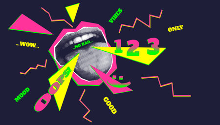Art collage grunge banner. Cutting out halftone lips, tongue, teeth , near graphic bright color...