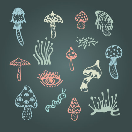 Collection of groove mushroom psychedelic elements. Retro design of hipster icons. Doodle style graphic. Vintage trippy 60 70 80 90 trendy vector illustration Color symbols on chalkboard backgroundのイラスト素材