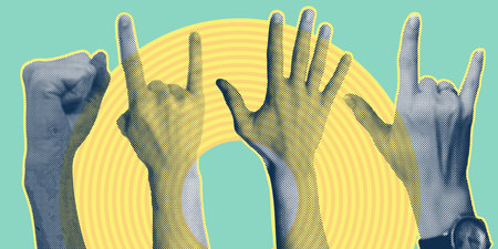 Trendy collage with hand gestures, cutout shapes Symbol win, like, punk. Grunge halftone retro banner poster design. Concept of protest, confrontation, struggle, strike, victory. Vector illustrationのイラスト素材