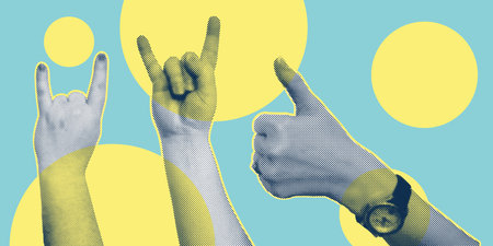 Trendy collage with hand gestures, cutout shapes Symbol win, like, punk. Grunge halftone retro banner poster design. Concept of protest, confrontation, struggle, strike, victory. Vector illustrationのイラスト素材