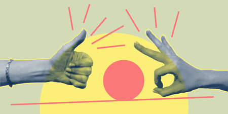 Trendy collage with hand gestures, cutout shapes Symbol win, like, punk. Grunge halftone retro...