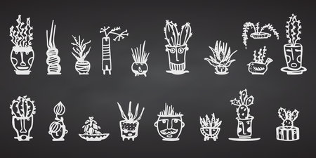Ceramic pots with cactus comic faces. White doodle emotions characters. Plant ceramics. Pottery vases trendy concept. Cartoon style Hand drawn illustration isolated on chalkboard background Vector setのイラスト素材