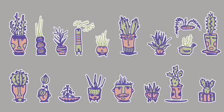 Ceramic pots with cactus comic faces. Different doodle emotions characters stickers Plant ceramics. Pottery vases trendy concept Cartoon style. Hand drawn illustration isolated background Vector setのイラスト素材