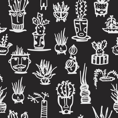 Seamless pattern White Ceramic pots with cactus comic faces. Different doodle emotions characters. Plant ceramics. Pottery vases trendy concept. Cartoon style. Hand drawn Vector illustrationのイラスト素材