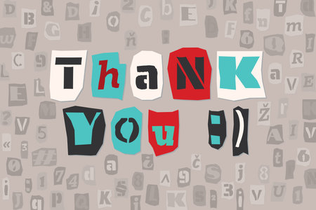 Thank you card. Color ransom collage style letters cut from newspapers and magazines. Vintage ABC collection. Black and white punk alphabet bacground. Typography vector illustrationのイラスト素材