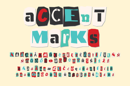 Color ransom collage style letters accent marks cut from newspapers and magazines. Vintage ABC collection. Red, white, black and azure punk alphabet Typography vector illustrationのイラスト素材