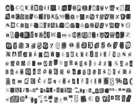 Gray ransom collage style letters, numbers cut from newspapers and magazines. Vintage ABC collection. Black and white punk typeface Extended Latin alphabet Typography vector illustrationのイラスト素材