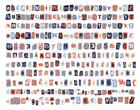 Color ransom collage style letters, numbers cut from newspapers and magazines Vintage ABC collection. Blue, white, black and orange punk typeface Extended Latin alphabet Typography vector illustrationのイラスト素材