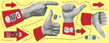 Set of hands, pointer with finger, fists. Halftone style. Collection collage design elements Trendy...