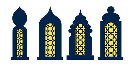 Collection of arabian oriental windows, arches and doors. Laser cut grill. Modern design in black fo frames Mosque dome and lanterns Islamic ramadan kareem and eid mubarak style. Vector illustrationのイラスト素材