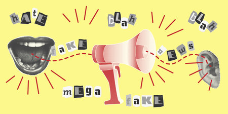 Collection collage elements. open mouth, teeth, lips, ear and cut out text halftone style. Scream, hate, fake news concept. Punk y2k retro magazine clippings on yellow background. Vector illustration.のイラスト素材