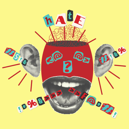 Trending halftone style collage poster. Scream, hate, fake news concept. Open mouth, teeth, lips and cut out text . Punk y2k retro magazine clippings on yellow background. Vector illustration.のイラスト素材