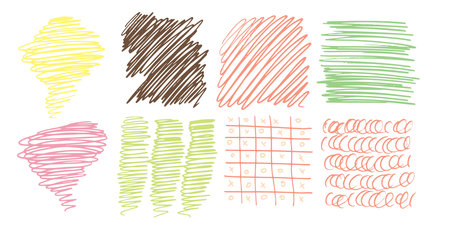 Set Pattern, line hand drawn texture. Hatch drawing pen ink crosshatch pencil sketch. Doodle scratch style. Candy pastel shape isolated on white background. Vintage graphic design Vector illustrationのイラスト素材