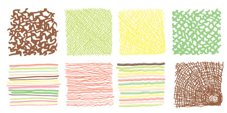 Set Pattern, line hand drawn texture. Hatch drawing pen ink crosshatch pencil sketch. Doodle scratch style. Candy pastel shape isolated on white background. Vintage graphic design Vector illustrationのイラスト素材