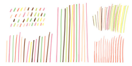 Set Pattern, line hand drawn texture. Hatch drawing pen ink crosshatch pencil sketch. Doodle scratch style. Candy pastel shape isolated on white background. Vintage graphic design Vector illustrationのイラスト素材