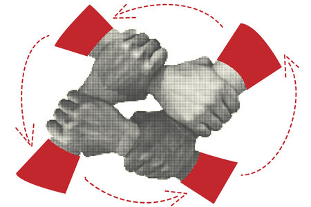 Four diverse people holding each others wrists in circle. Top view. Human halftone hands locked. Isolated on white background. Concept 4 hand assemble, corporate meeting teamwork. Vector illustration.のイラスト素材