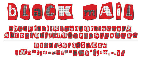 Ransom halftone collage style letters numbers and punctuation marks cut from newspapers and magazines. Vintage ABC collection. Red, black and white alphabet Typography vector illustration.のイラスト素材