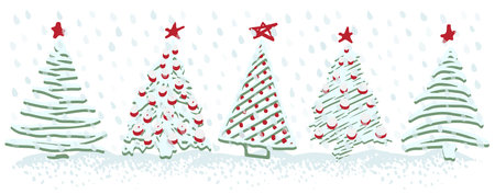 Vintage holiday card with christmas trees and snow. Sketch hand drawn xmas pattern. Doodle childlike silhouette art. Winter New year festive firs on transparent background Vector vintage illustration.のイラスト素材