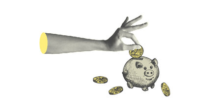 Collage with halftone-style hand statue. Minimalist cash savings metaphor concept finance-themed. Idea for banner composition with coins, bank card. Cutouts magazine. Vector illustrationのイラスト素材