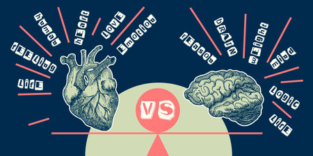 Concept heart VS brain. Vintage design collage poster. Mental health and emotional well-being symbols. Mind-heart balance hand drawn graphic art. Half tone and sketch doodle style. Vector illustrationのイラスト素材