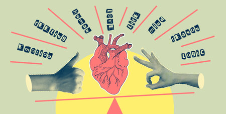 Concept heart VS brain. Vintage design collage poster. Mental health and emotional well-being symbols. Mind-heart balance hand drawn graphic art. Half tone and sketch doodle style. Vector illustrationのイラスト素材