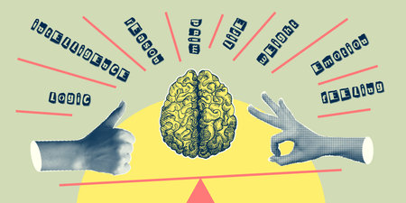 Concept heart VS brain. Vintage design collage poster. Mental health and emotional well-being symbols. Mind-heart balance hand drawn graphic art. Half tone and sketch doodle style. Vector illustrationのイラスト素材