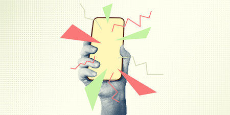 Collage with halftone style hands hold smartphone Minimalist metaphor concept finance-themed, mobile applications, online sales, social media. Idea for web banner Cutouts magazine. Vector illustrationのイラスト素材