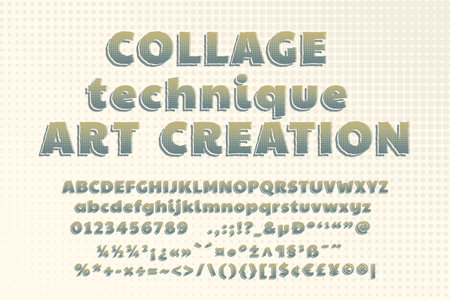 Print 3D vintage halftone alphabet poster. Collage style stencil letters with shadow and polka dot decor. Letters, Numbers, punctuation marks. Retro ABC collection. Typography vector illustration.のイラスト素材