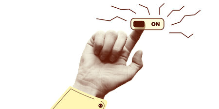 Collage halftone elements with pointing hands and doodle buttons. Fingers gesture touch, click, tap. Cut out shapes, . Modern vintage trendy design object isolated on white. Vector illustration.のイラスト素材