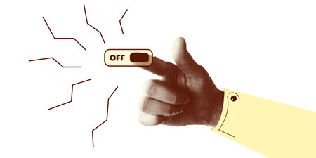 Collage halftone elements with pointing hands and doodle buttons. Fingers gesture touch, click, tap. Cut out shapes, . Modern vintage trendy design object isolated on white. Vector illustration.のイラスト素材