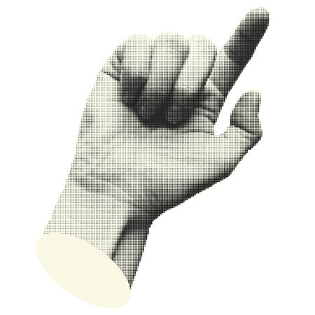 Collage halftone elements with pointing hands and doodle buttons. Fingers gesture touch, click, tap. Cut out shapes. Modern vintage trendy design object isolated on white. Vector illustration.のイラスト素材