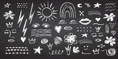 Charcoal pencil hand drawing curly groovy shapes, splash and squiggles. White chalk elements on black chalkboard Grunge chalk crayon scribbles doodles texture Rough crayon stroke Vector illustrationのイラスト素材