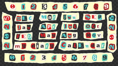Set of cut newspapers magazines and paper vintage colorful words. Calendar diary theme - Happy New Year, season, 2025, month, number. Trendy elements for collage and clip art. Vector illustrations.のイラスト素材