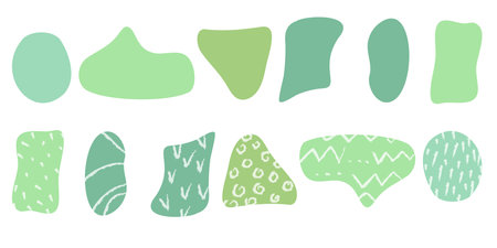 Set of organic irregular green blob shapes with hand drawn crayon textures Random deform spot fluid circle Isolated on white background. Retro amoeba charcoal doodle drops elements Vector illustrationのイラスト素材
