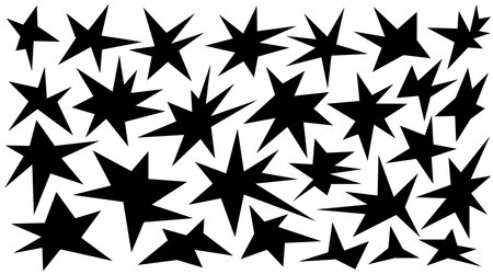 Irregular spikey stars shapes. Set trendy Black cutout paper elements. Hand drawn chevron shapes. Funky groovy sparks simple forms isolated on white background. Vector illustrationのイラスト素材