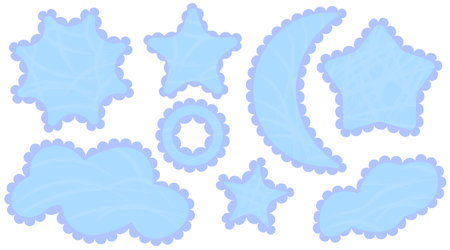 Set of scallop edge frames. Blue shapes textured charcoal chalk on white. Zigzag wavy forms Square, rectangle, circle, oval border Decorative collection design tag, stickers Vector illustrations.のイラスト素材