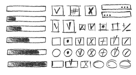 Charcoal pencil hand drawing check box with marks v, x, plus shapes. Black elements on white. Grunge...