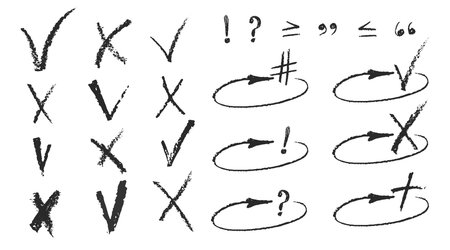 Charcoal pencil hand drawing check box with marks v, x, plus shapes. Black elements on white. Grunge chalk crayon scribbles doodles textures loading rectangle Rough crayon strokes. Vector illustrationのイラスト素材