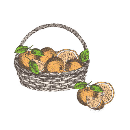 Wicker basket with oranges. Hand drawn sketch citrus fruit, retro rustic style. Idea for farmers market flyers, banner, advertising. Colored vintage vector illustration. Isolated on white background.のイラスト素材