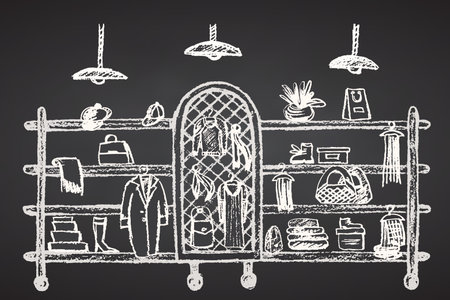 Clothes hanger rack with clothes, accessories and shoes in interior of store, boutique, showroom. Shelves of wardrobe. Hand drawing sketch on chalkboard background. Vector illustration.のイラスト素材